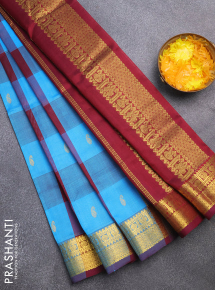 Silk cotton saree blue and maroon with allover paalum pazhamum checks & zari buttas and zari woven border