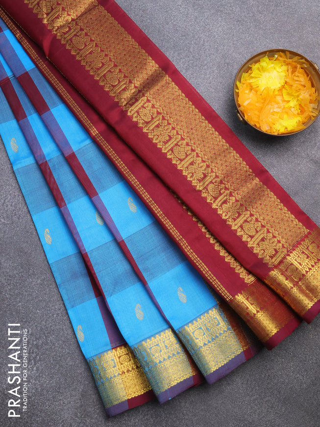 Silk cotton saree blue and maroon with allover paalum pazhamum checks & zari buttas and zari woven border