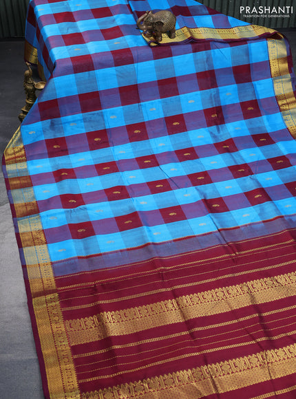 Silk cotton saree blue and maroon with allover paalum pazhamum checks & zari buttas and zari woven border