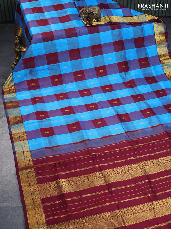 Silk cotton saree blue and maroon with allover paalum pazhamum checks & zari buttas and zari woven border