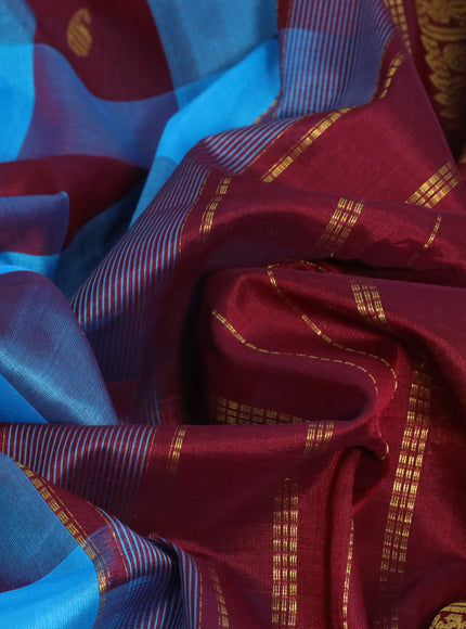 Silk cotton saree blue and maroon with allover paalum pazhamum checks & zari buttas and zari woven border