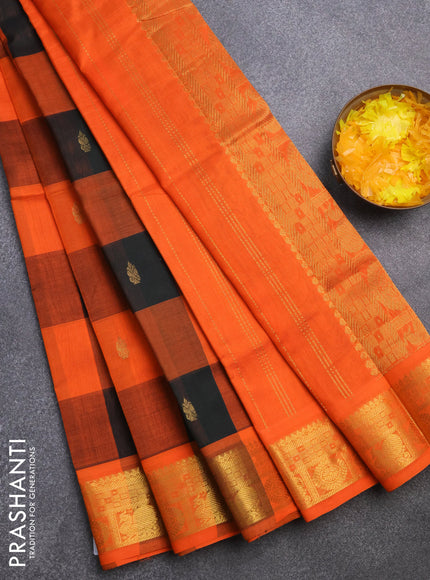 Silk cotton saree deep bottle green and orange with allover paalum pazhamum checks & zari buttas and zari woven border