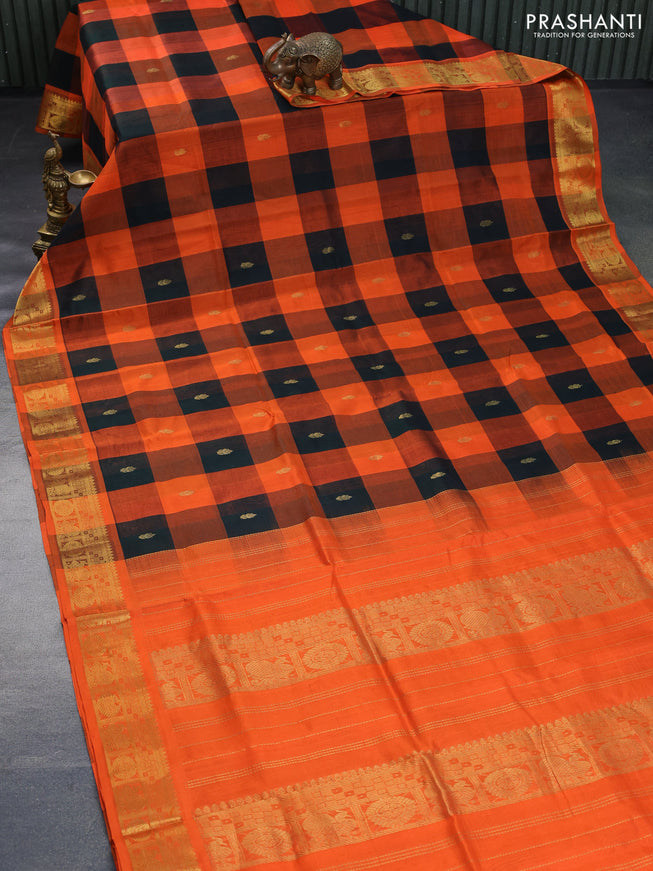 Silk cotton saree deep bottle green and orange with allover paalum pazhamum checks & zari buttas and zari woven border