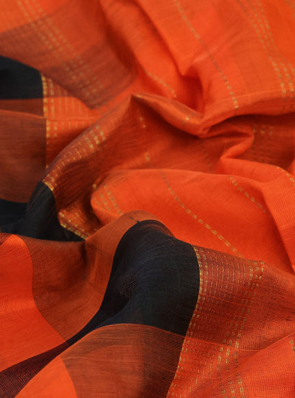 Silk cotton saree deep bottle green and orange with allover paalum pazhamum checks & zari buttas and zari woven border