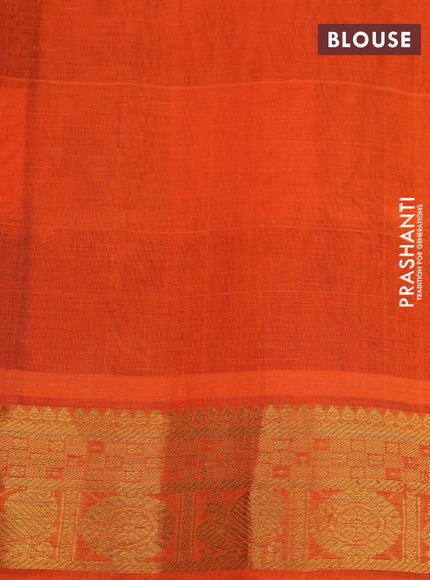 Silk cotton saree deep bottle green and orange with allover paalum pazhamum checks & zari buttas and zari woven border