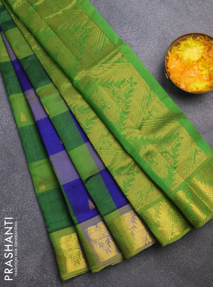 Silk cotton saree blue and light green with allover paalum pazhamum checks & zari buttas and rich zari woven border