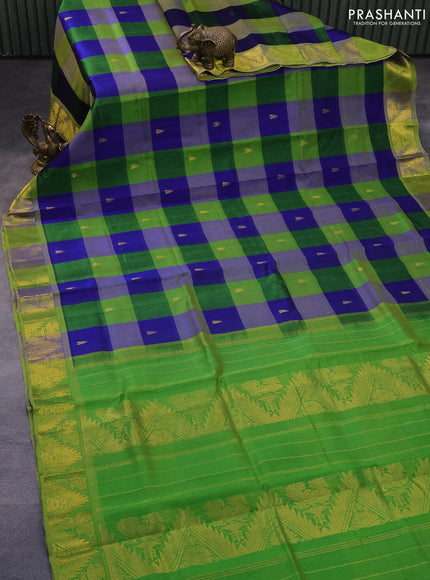 Silk cotton saree blue and light green with allover paalum pazhamum checks & zari buttas and rich zari woven border