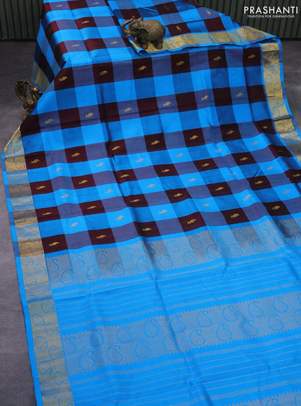 Silk cotton saree coffee brown and cs blue with allover paalum pazhamum checks & zari buttas and paisley zari woven border