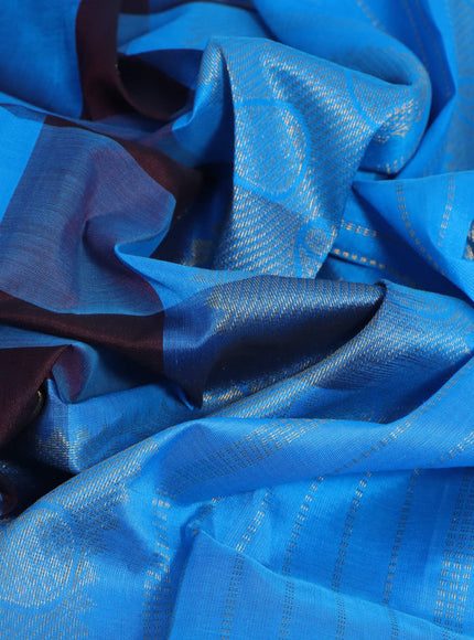 Silk cotton saree coffee brown and cs blue with allover paalum pazhamum checks & zari buttas and paisley zari woven border