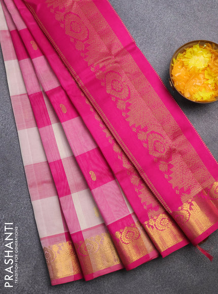 Silk cotton saree cream and pink with allover paalum pazhamum checks & zari buttas and rich zari woven border