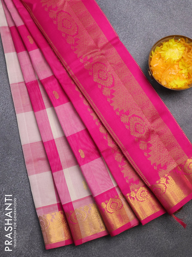 Silk cotton saree cream and pink with allover paalum pazhamum checks & zari buttas and rich zari woven border