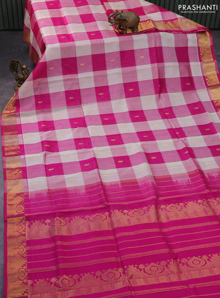 Silk cotton saree cream and pink with allover paalum pazhamum checks & zari buttas and rich zari woven border