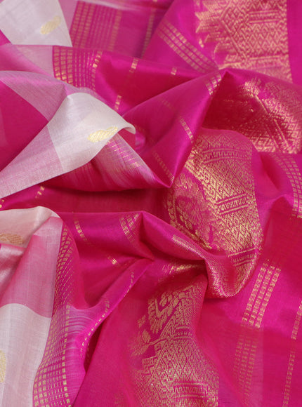 Silk cotton saree cream and pink with allover paalum pazhamum checks & zari buttas and rich zari woven border