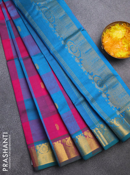 Silk cotton saree pink and dual shade of teal blue with allover paalum pazhamum checks & zari buttas and rich zari woven border