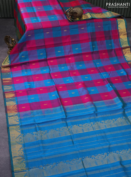 Silk cotton saree pink and dual shade of teal blue with allover paalum pazhamum checks & zari buttas and rich zari woven border