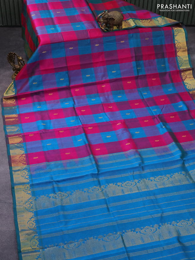 Silk cotton saree pink and dual shade of teal blue with allover paalum pazhamum checks & zari buttas and rich zari woven border