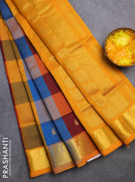 Silk cotton saree multi colour and mango yellow with allover paalum pazhamum checks & zari buttas and paisley zari woven border