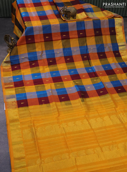 Silk cotton saree multi colour and mango yellow with allover paalum pazhamum checks & zari buttas and paisley zari woven border