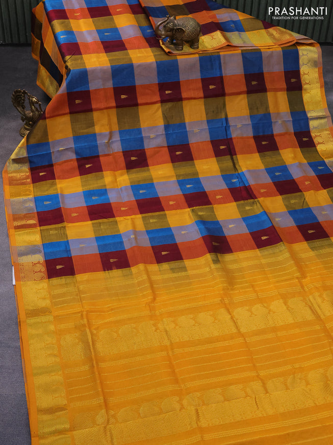 Silk cotton saree multi colour and mango yellow with allover paalum pazhamum checks & zari buttas and paisley zari woven border