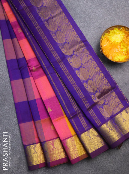 Silk cotton saree multi colour and violet shade with allover paalum pazhamum checks & zari buttas and paisley zari woven border