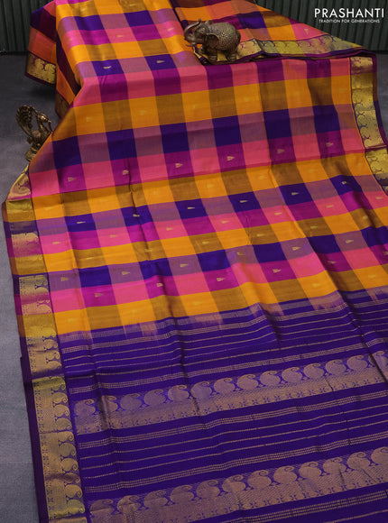 Silk cotton saree multi colour and violet shade with allover paalum pazhamum checks & zari buttas and paisley zari woven border