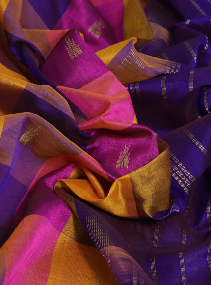 Silk cotton saree multi colour and violet shade with allover paalum pazhamum checks & zari buttas and paisley zari woven border