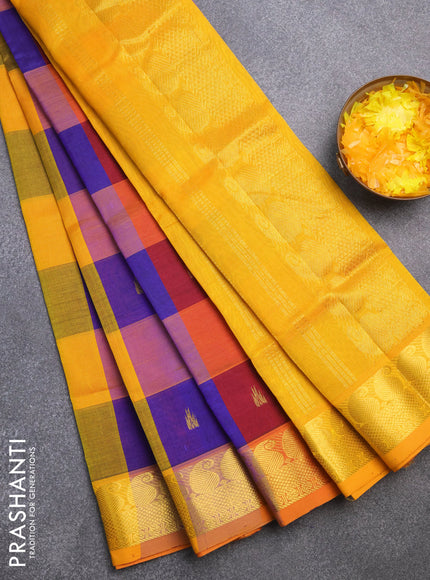 Silk cotton saree multi colour and mango yellow with allover paalum pazhamum checks & zari buttas and paisley zari woven border