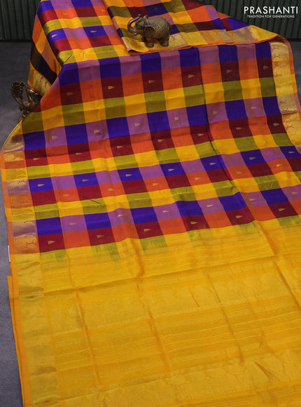 Silk cotton saree multi colour and mango yellow with allover paalum pazhamum checks & zari buttas and paisley zari woven border