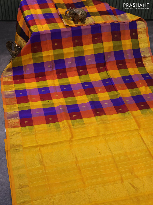 Silk cotton saree multi colour and mango yellow with allover paalum pazhamum checks & zari buttas and paisley zari woven border