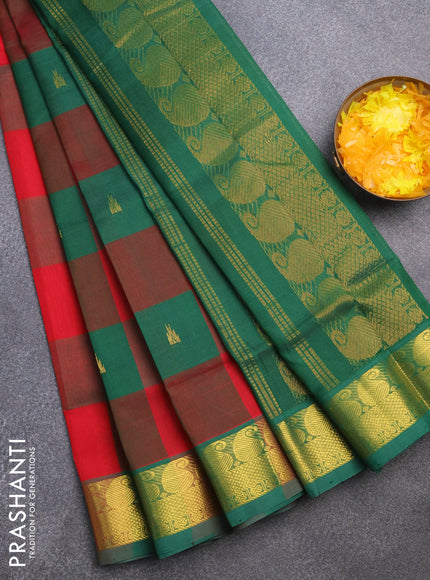 Silk cotton saree red and green with allover paalum pazhamum checks & zari buttas and paisley zari woven border