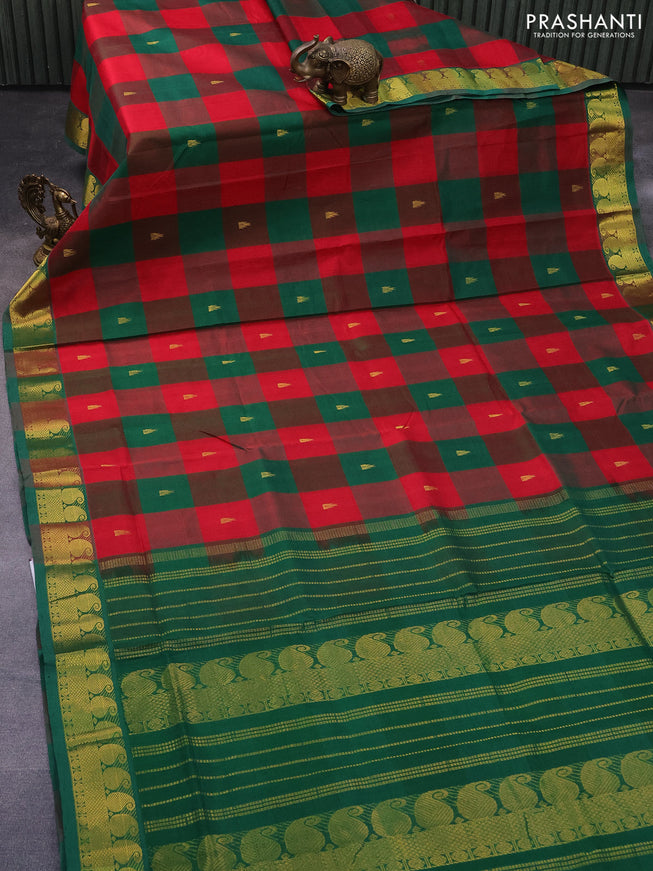 Silk cotton saree red and green with allover paalum pazhamum checks & zari buttas and paisley zari woven border