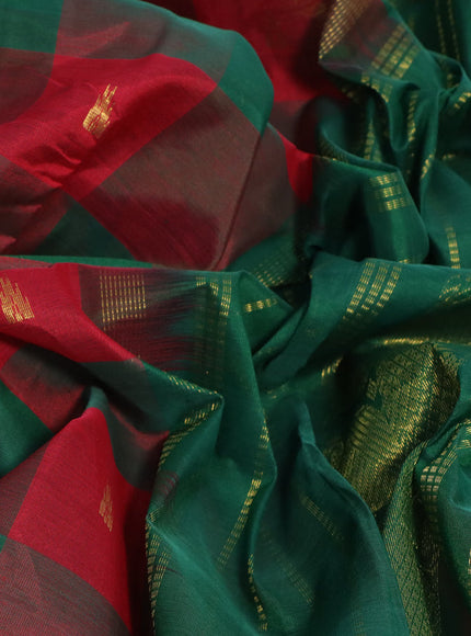 Silk cotton saree red and green with allover paalum pazhamum checks & zari buttas and paisley zari woven border