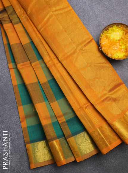 Silk cotton saree multi colour and mango yellow with allover paalum pazhamum checks & zari buttas and paisley zari woven border