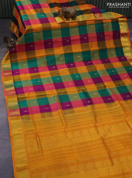 Silk cotton saree multi colour and mango yellow with allover paalum pazhamum checks & zari buttas and paisley zari woven border