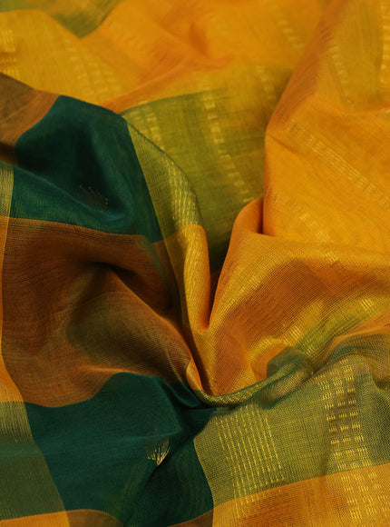 Silk cotton saree green and mango yellow with allover paalum pazhamum checks & zari buttas and paisley zari woven border