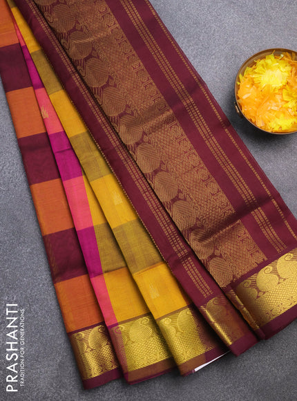 Silk cotton saree multi colour and wine shade with allover paalum pazhamum checks & zari buttas and paisley zari woven border