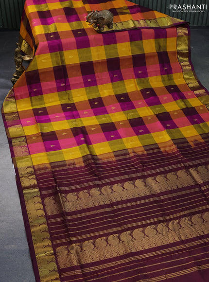 Silk cotton saree multi colour and wine shade with allover paalum pazhamum checks & zari buttas and paisley zari woven border