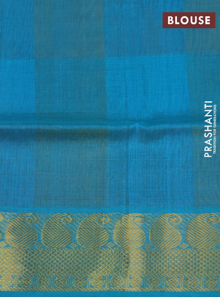 Silk cotton saree mustard yellow and teal blue with allover paalum pazhamum checks & zari buttas and paisley zari woven border