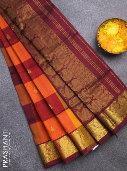 Silk cotton saree multi colour and deep maroon with allover paalum pazhamum checks & zari buttas and paisley zari woven border