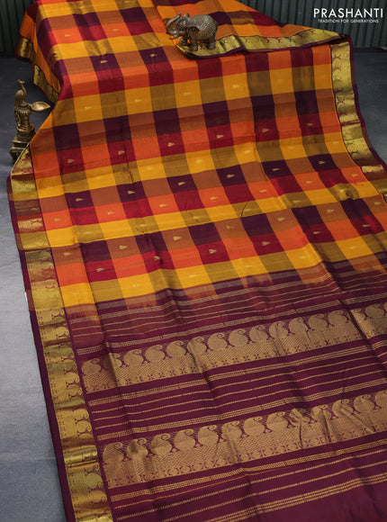 Silk cotton saree multi colour and deep maroon with allover paalum pazhamum checks & zari buttas and paisley zari woven border