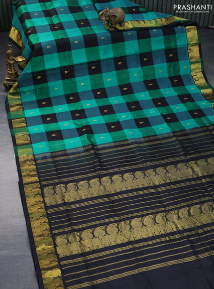 Silk cotton saree multi colour and black with allover paalum pazhamum checks & zari buttas and paisley zari woven border