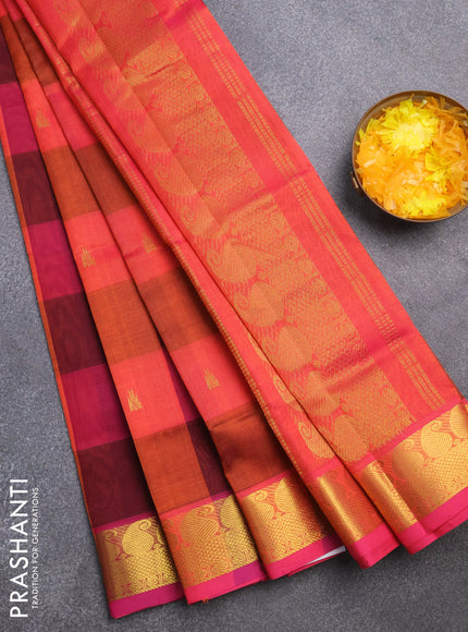 Silk cotton saree multi colour and dual shade of pinkish orange with allover paalum pazhamum checks & zari buttas and paisley zari woven border