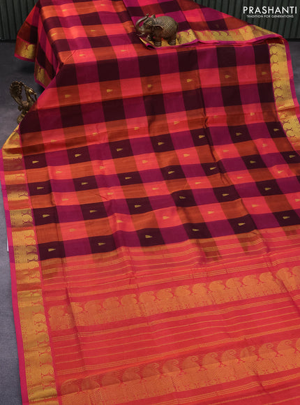 Silk cotton saree multi colour and dual shade of pinkish orange with allover paalum pazhamum checks & zari buttas and paisley zari woven border