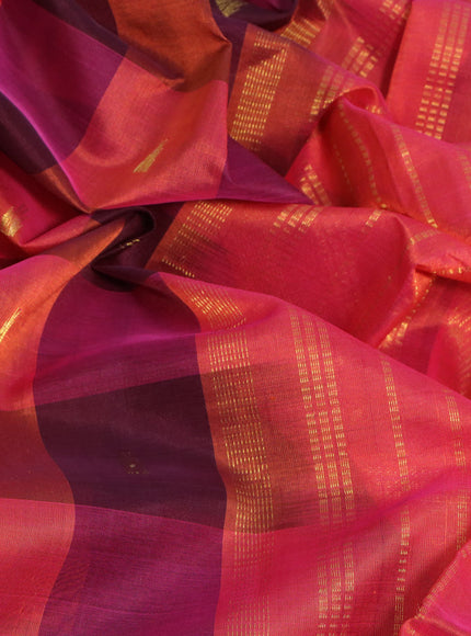 Silk cotton saree multi colour and dual shade of pinkish orange with allover paalum pazhamum checks & zari buttas and paisley zari woven border