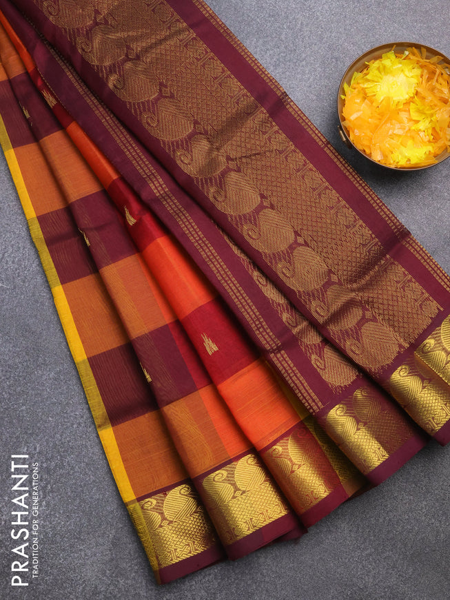 Silk cotton saree multi colour and deep maroon with allover paalum pazhamum checks & zari buttas and paisley zari woven border