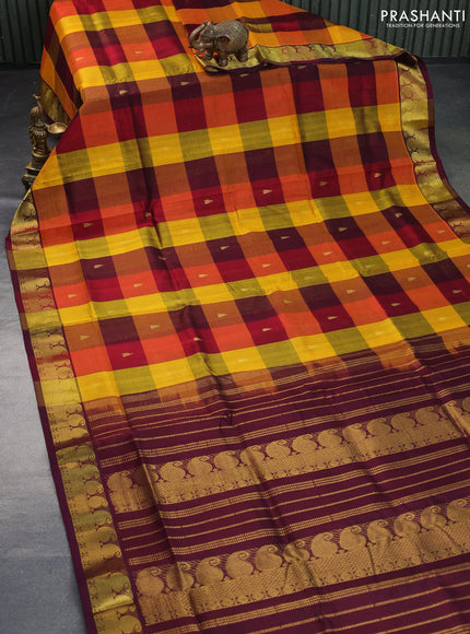 Silk cotton saree multi colour and deep maroon with allover paalum pazhamum checks & zari buttas and paisley zari woven border