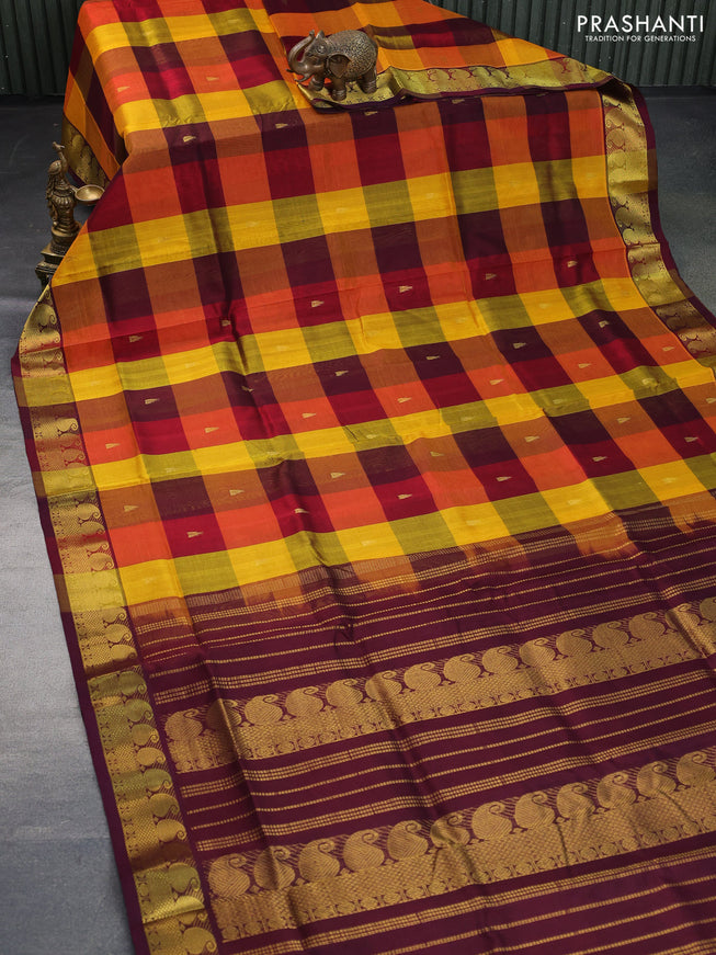 Silk cotton saree multi colour and deep maroon with allover paalum pazhamum checks & zari buttas and paisley zari woven border