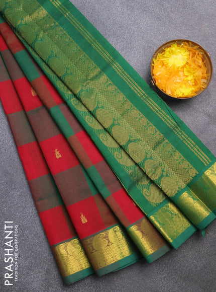 Silk cotton saree maroon and green with allover paalum pazhamum checks & zari buttas and paisley zari woven border