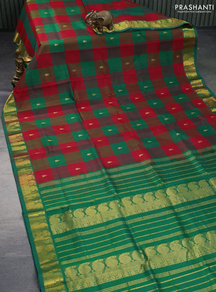 Silk cotton saree maroon and green with allover paalum pazhamum checks & zari buttas and paisley zari woven border