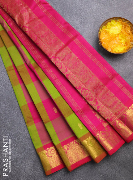 Silk cotton saree light green and pink with allover paalum pazhamum checks & zari buttas and zari woven border